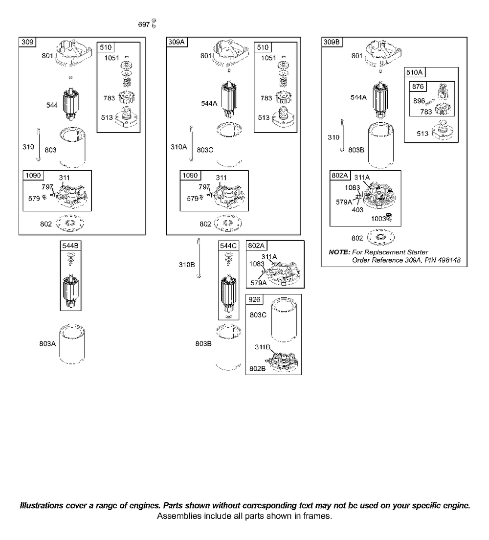 Electric Starter Diagram and Parts List for 42A707-2240-XX  Briggs and Stratton Engine
